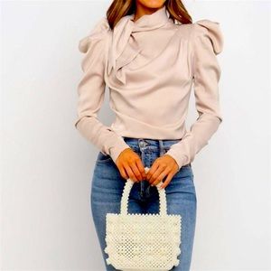 Satin Puff Longsleeve Blouse Tie Neck Zipper Back